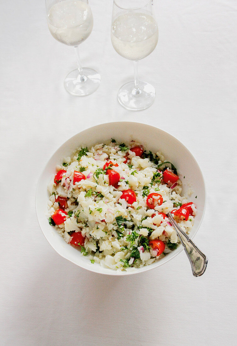 Cauliflower tabbouleh with cherry tomatoes and mint