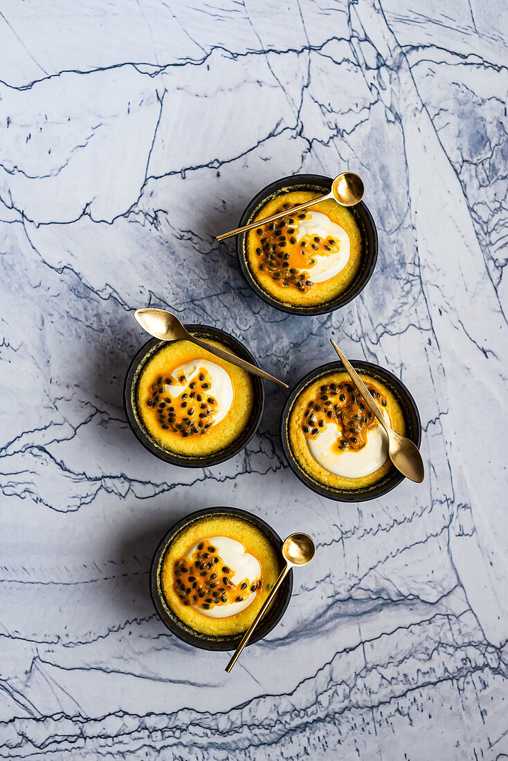 Passion fruit pudding with creme fraiche