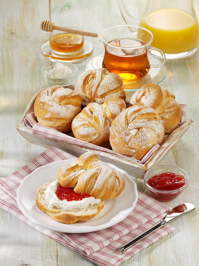 Homemade breakfast rolls with cottage cheese and strawberry jam