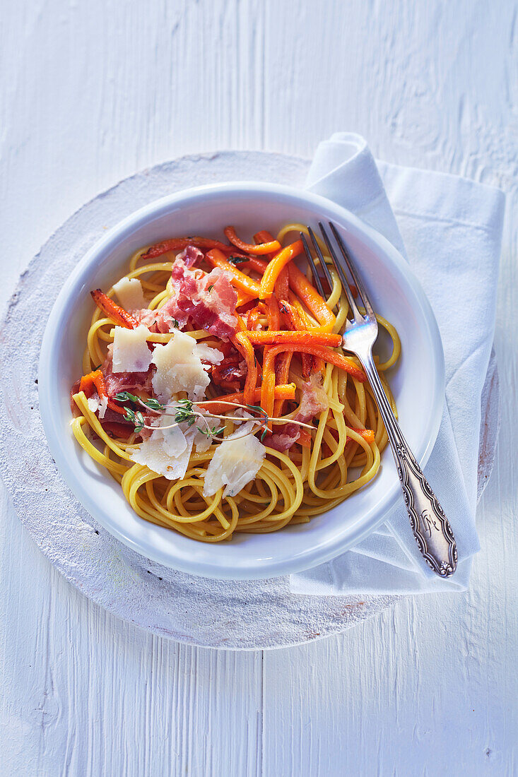 Linguine with carrots, coppa, and pecorino cheese
