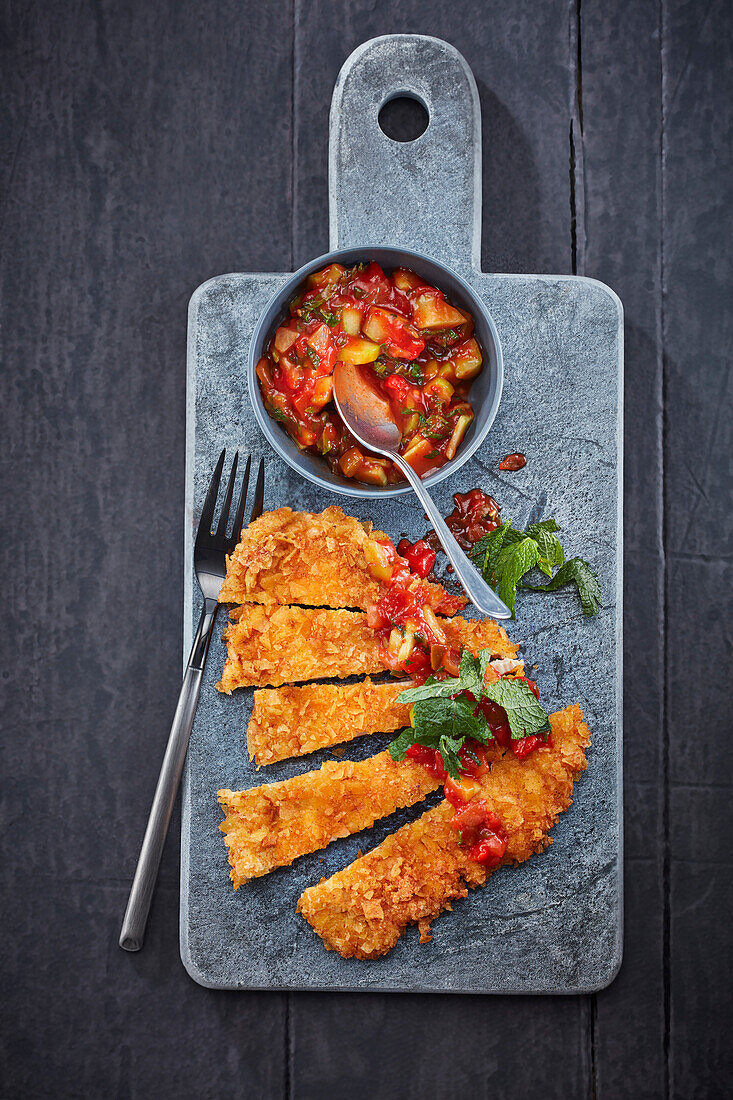 Paniertes Hähnchenschnitzel mit Gurkensalsa