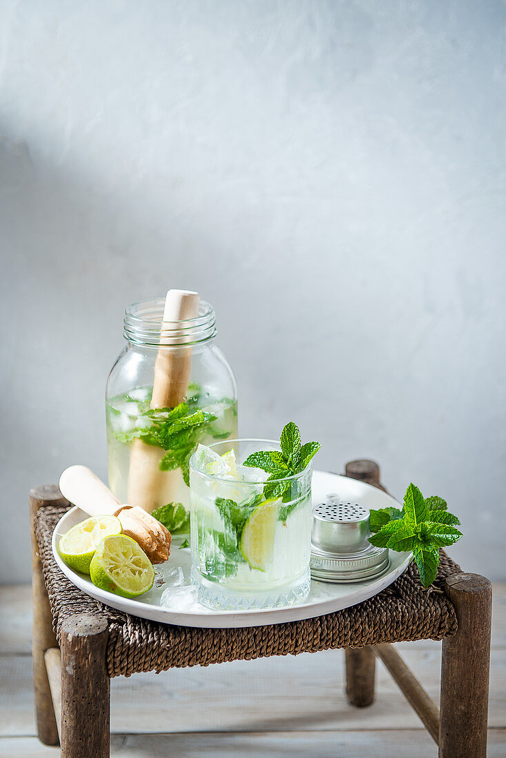 Mojito with lime, mint, rum and brown sugar