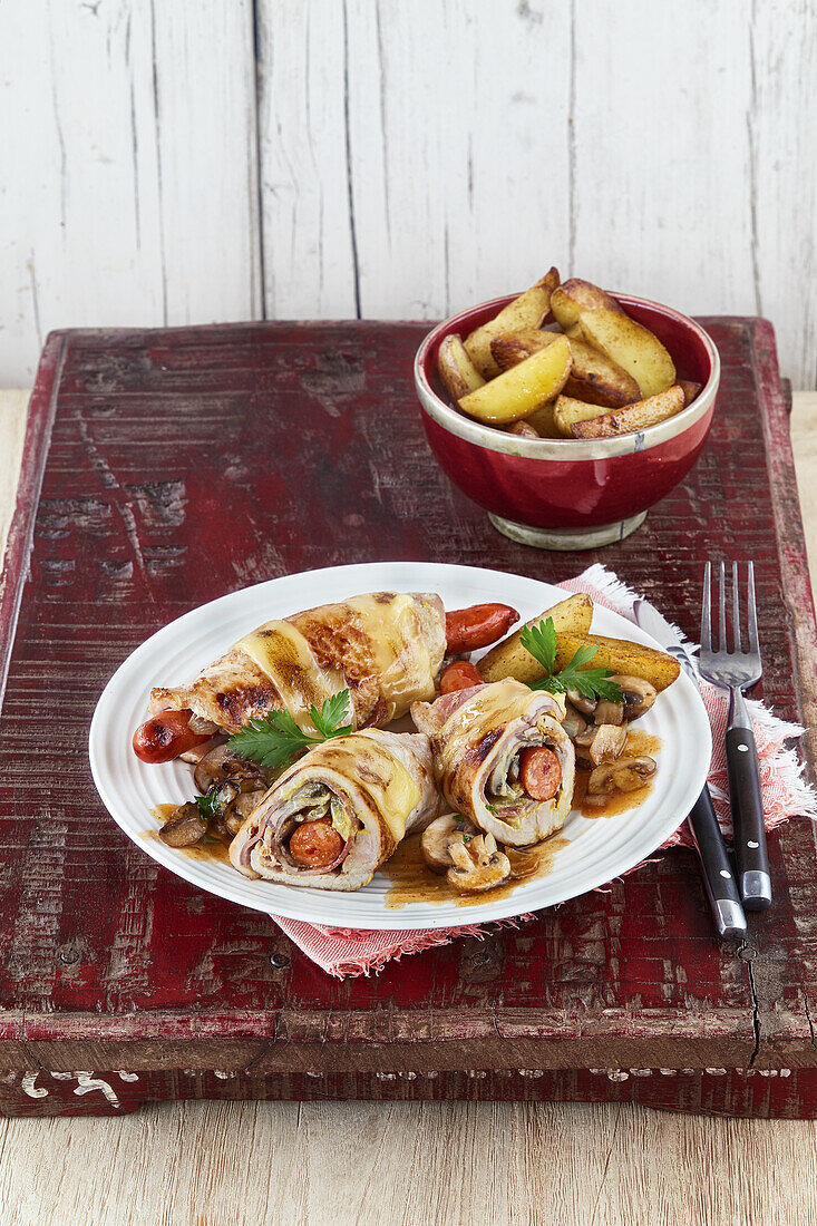 Pancake rolls with sausages