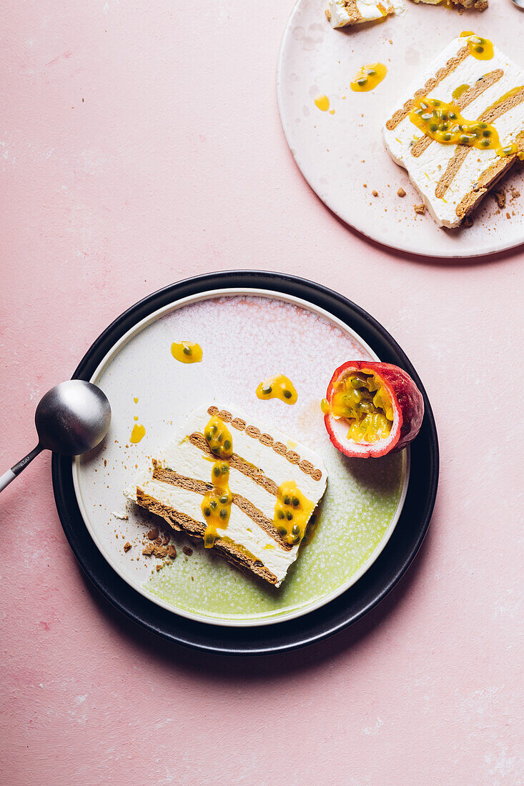 Lemon mascarpone ice cream cake with passion fruit sauce