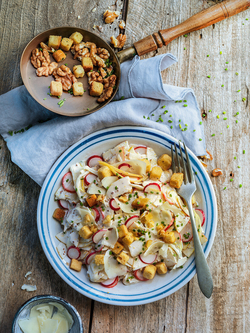 Waldorf salad with radishes and croutons