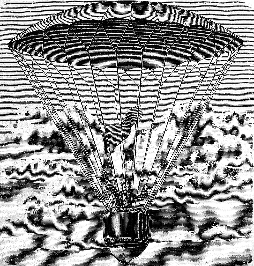 Parachute in descent, 19th century illustration