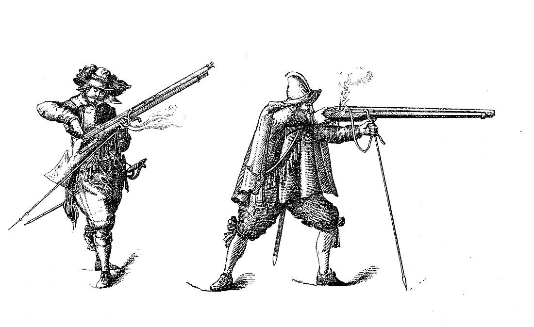 Musketeers at the retreat, 19th century illustration