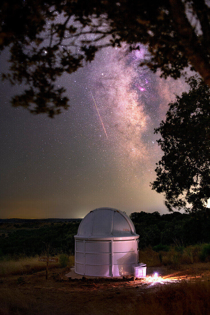 Perseids meteor shower crossing the Milky Way, Portugal