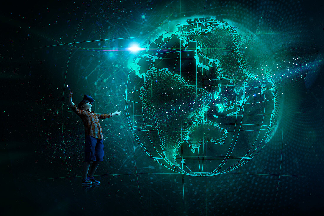 Boy in VR headset looking at holographic globe, illustration