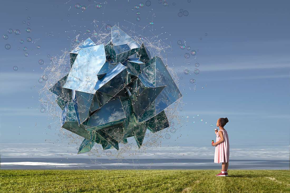 Girl blowing bubbles forming dimensional structure