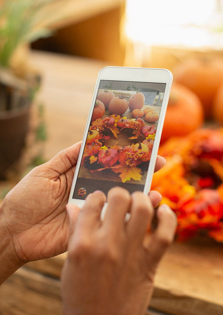 Florist with smartphone photographing autumn arrangement