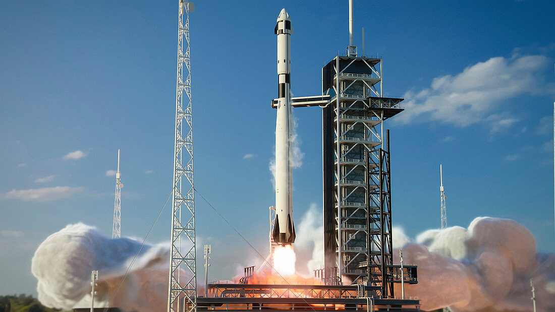 Rocket lifting off from launch pad, illustration