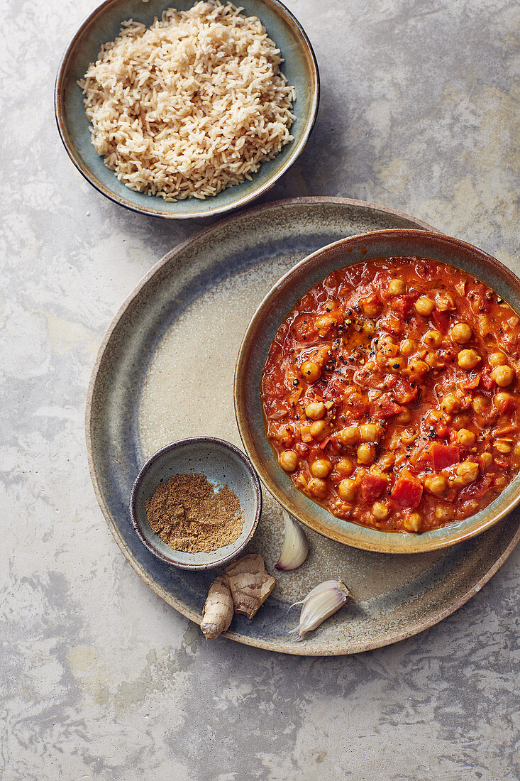 Indian tomato and chickpea curry served with rice
