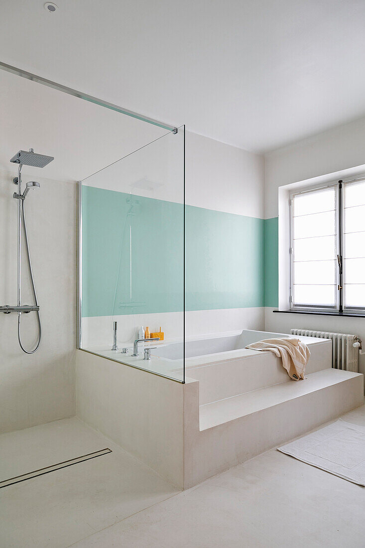 Minimalist bathroom with shower area and bathtub