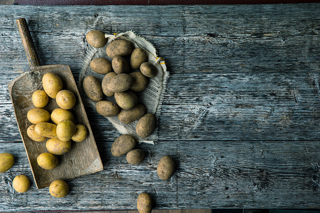 Various types of potatoes on a wooden surface