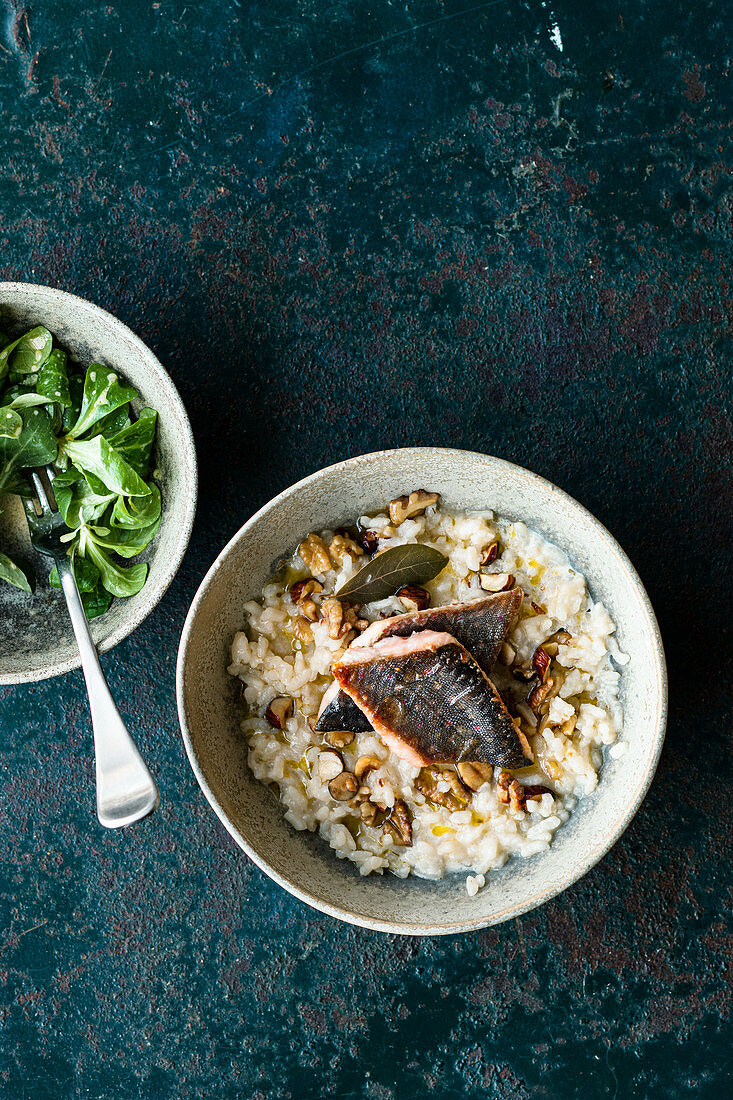 Nut risotto with char and lamb's lettuce
