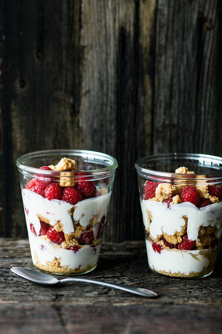 Raspberry and yoghurt trifle in glasses