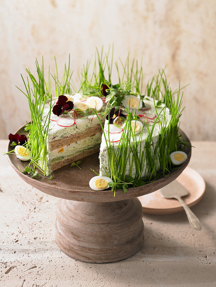 Cucumber and cream cheese tart with spring herbs