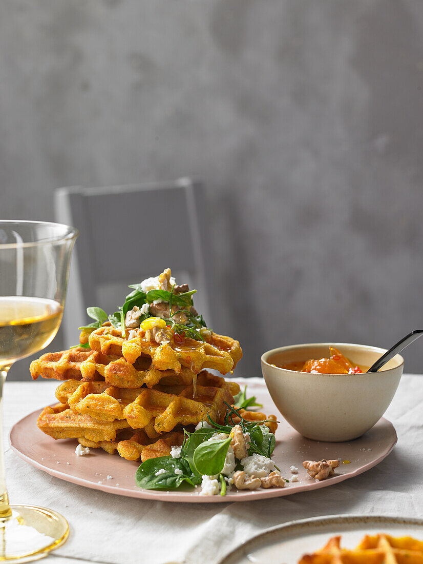 Rosemary-and-sweet potato waffles with spinach and a spicy orange syrup