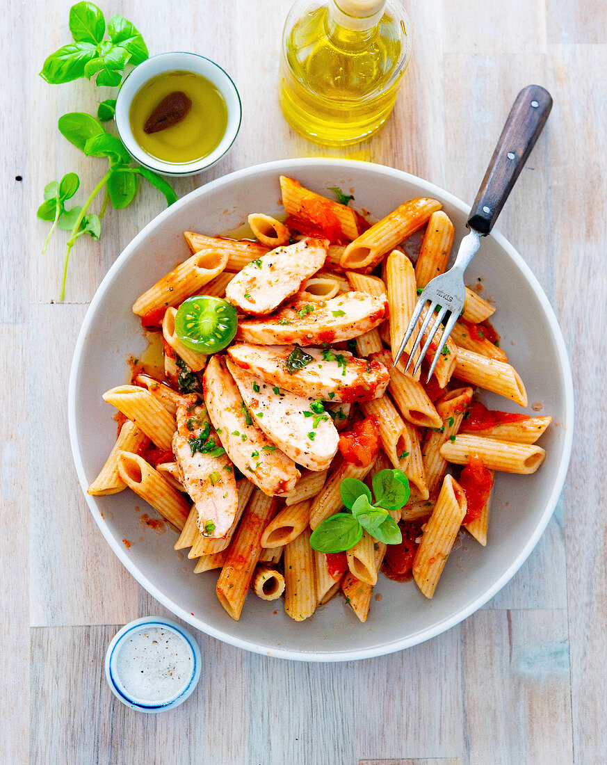 Fried Chicken Breast on Tomato Penne