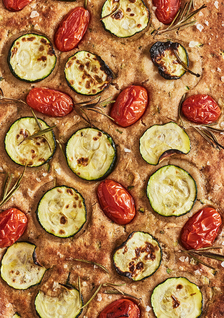 Focaccia with cherry tomatoes and courgette