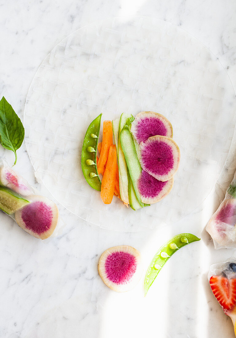 Ingredients for raw fruit and vegetable spring rolls