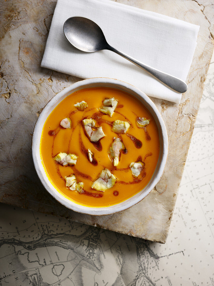 Pumpkin soup with fire roasted chestnuts and brown butter