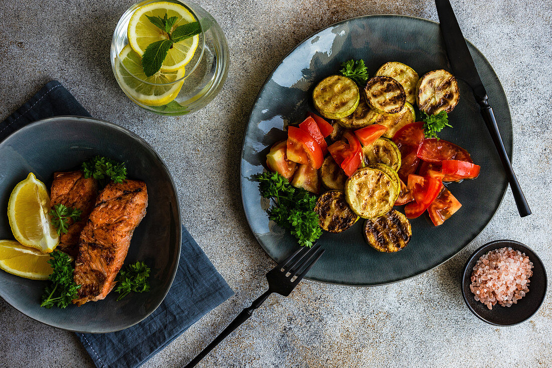 Grilled salmon steak and vegetables