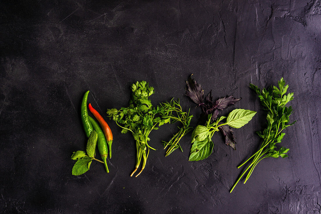 Variety of raw herbs on black concrete background