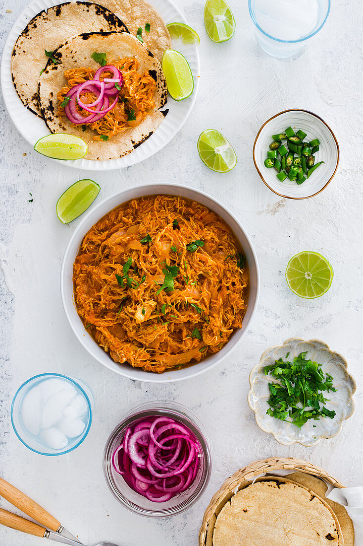 Tinga de Pollo - zerkleinertem Hähnchen in scharfer Tomatensauce