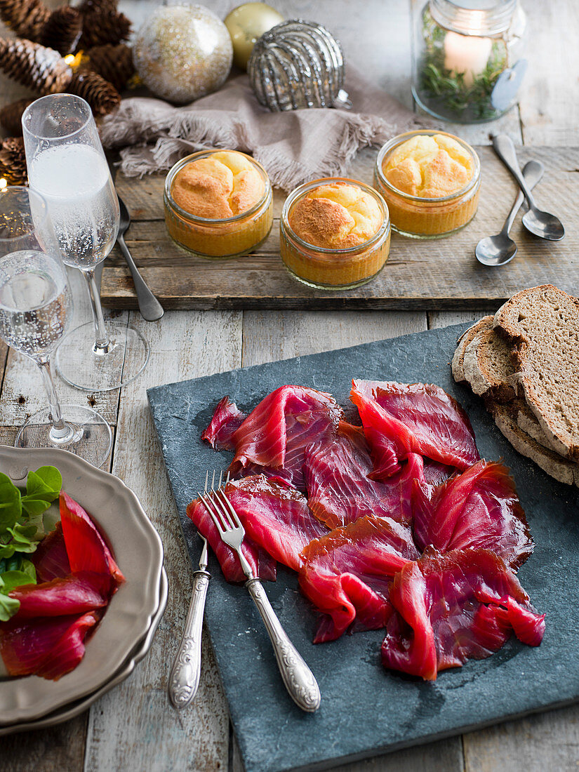 Cheese soufflés and beetroot smokes salmon