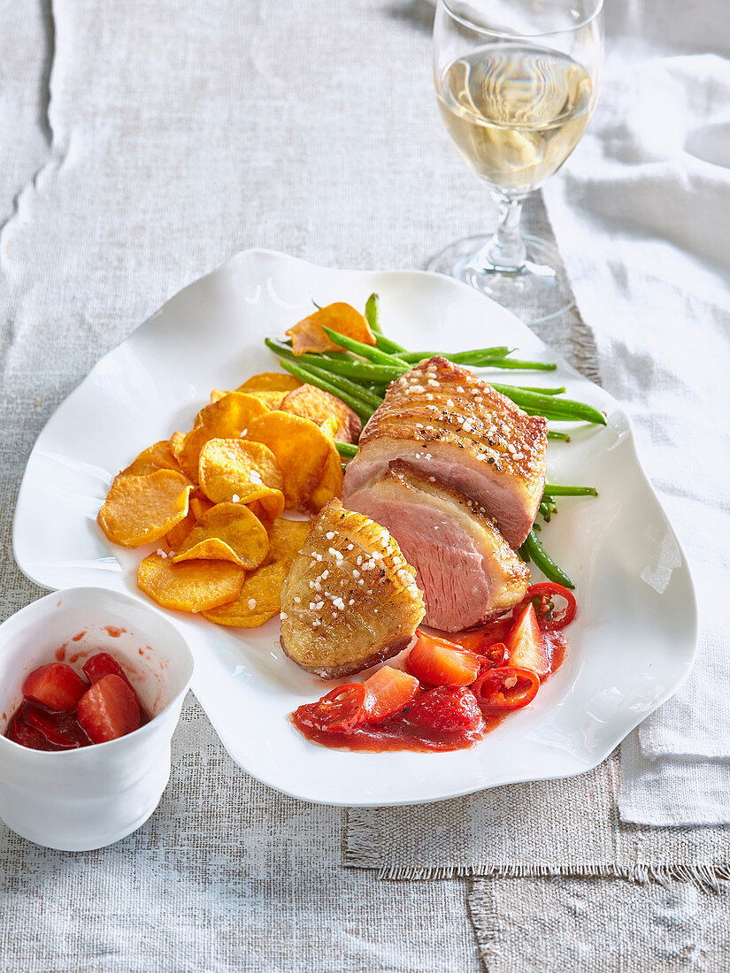 Baked duck breast with strawberry chili sauce