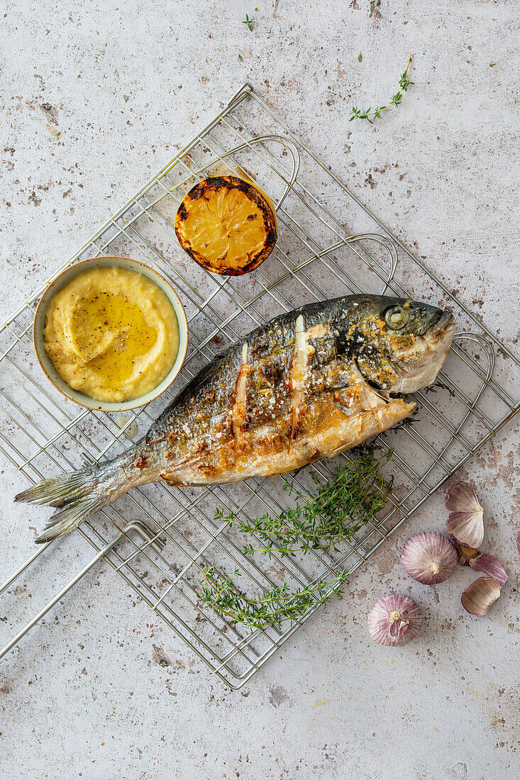 Grilled sea bream with potato dip, Greece
