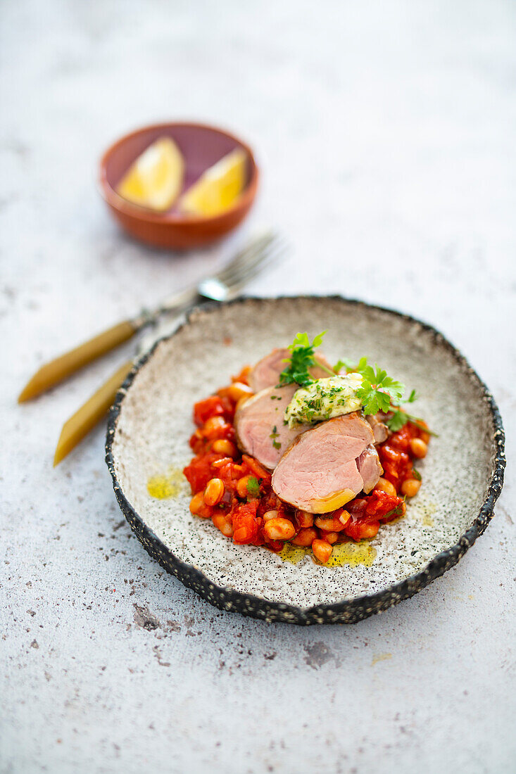 Pork fillet with beans, tomatoes and vegetables, Crete, Greece