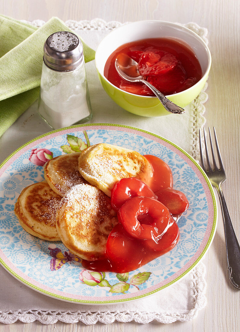 Wholemeal pancakes with red plum jam