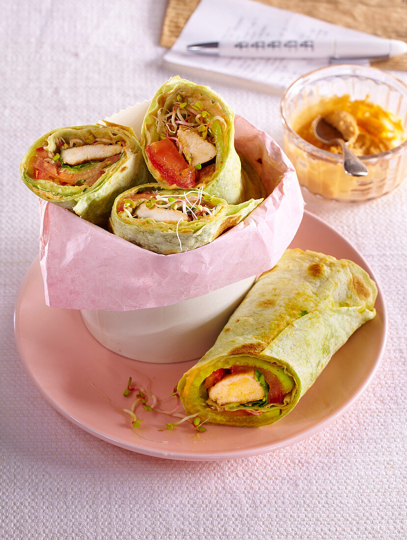 Wraps with hummus and ginger chicken