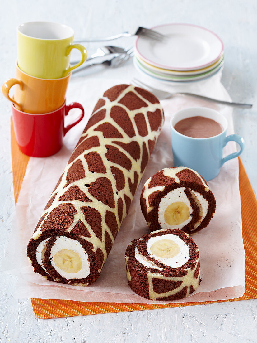 Marble roll with custard and banana