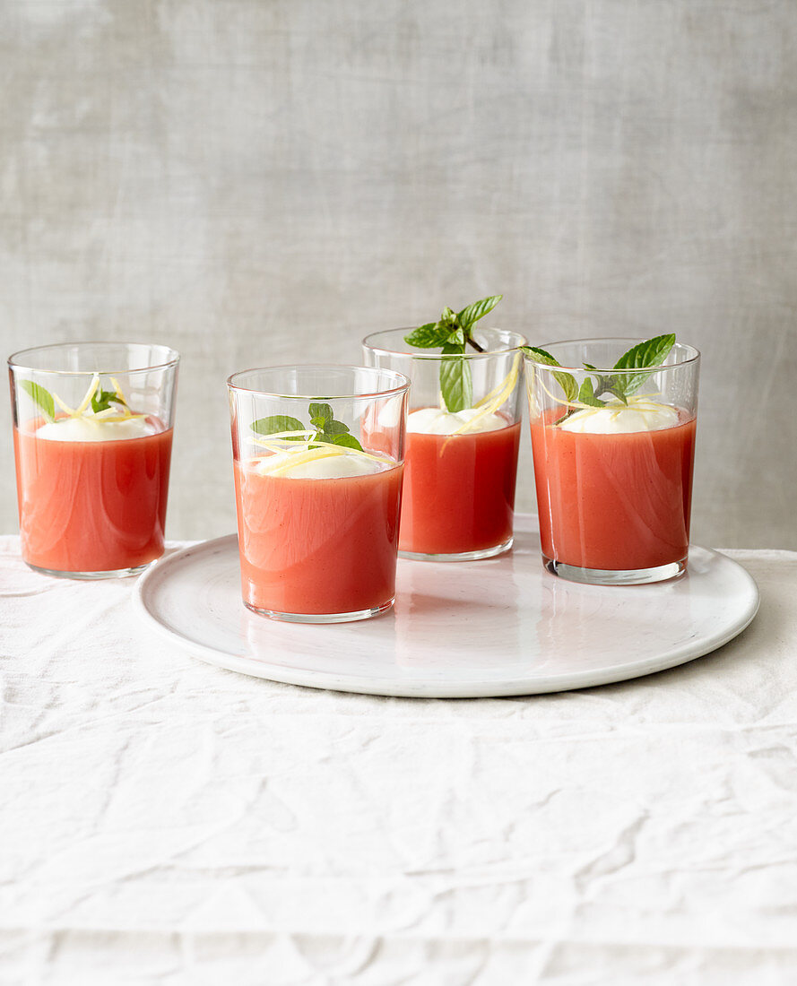 Watermelon jelly with cinnamon, yoghurt and mint