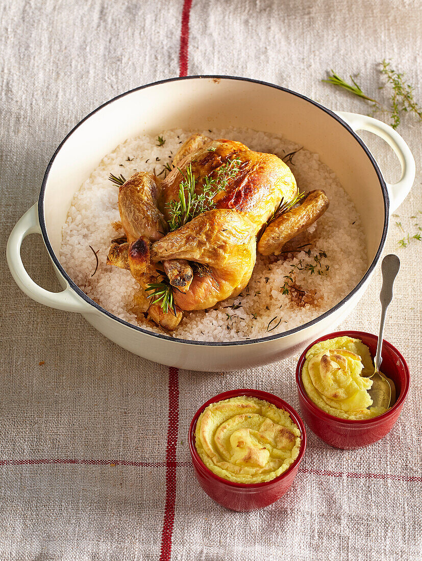 Baked chicken in salt with baked potato mash