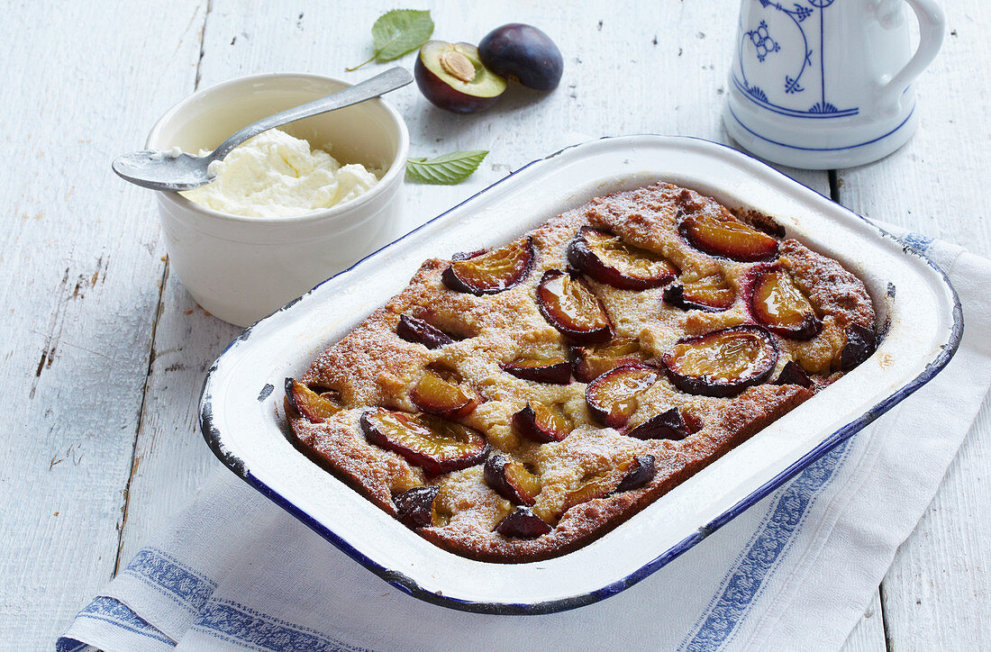Almond pudding with plums