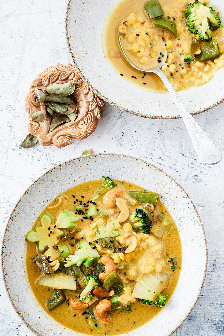 Indian fennel-broccoli stew with yellow lentil dal
