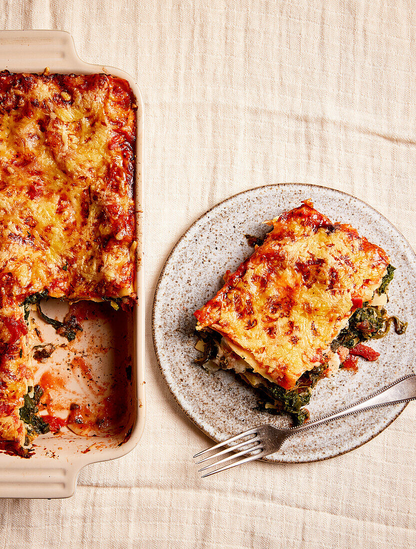 Lasagne with cauliflower sauce, spinach and tomatoes (sugar-free)