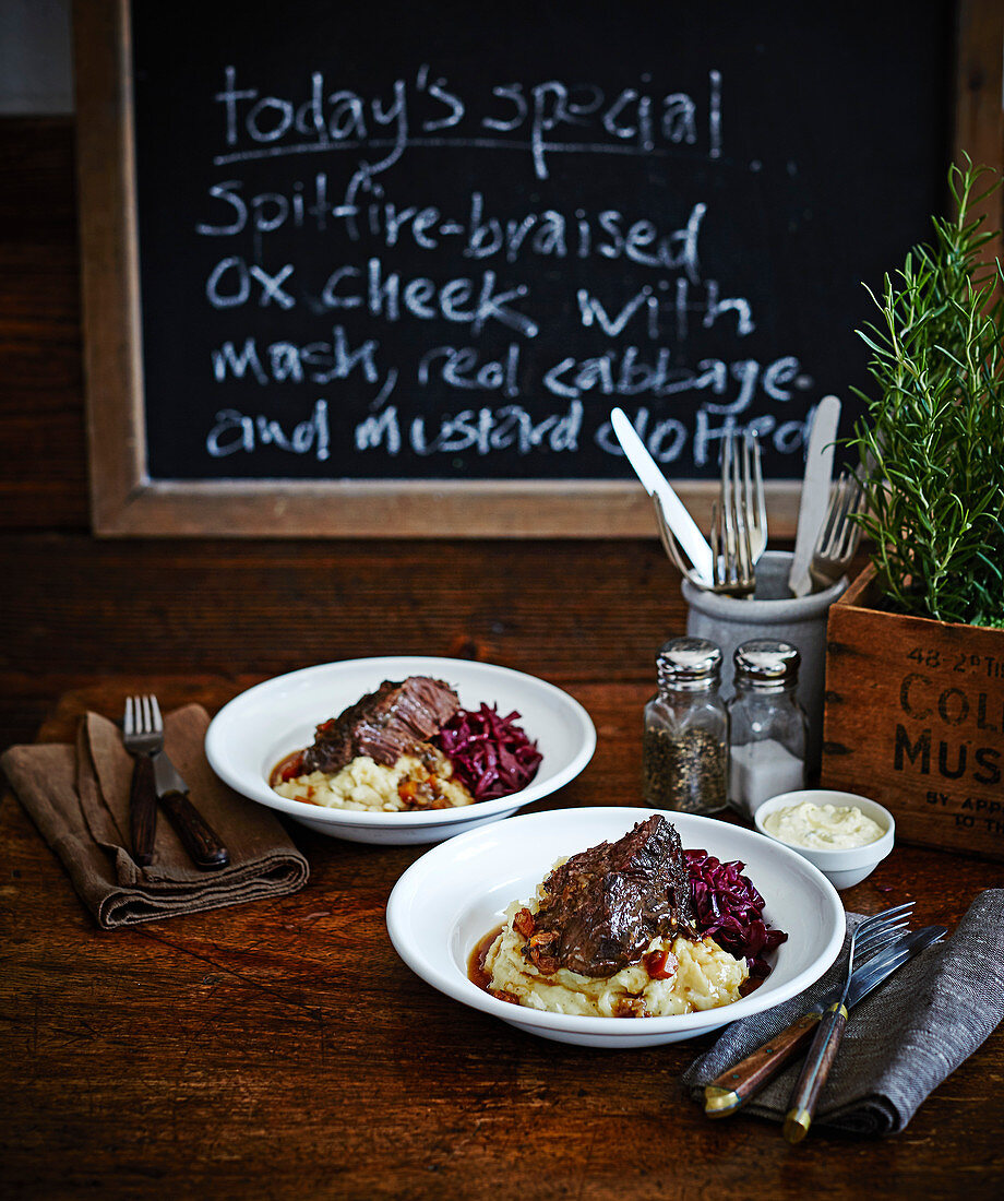 Spitfire-braised ox cheek with mash and red cabbage