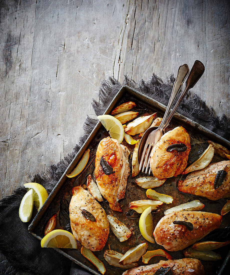 Roast chicken and Jerusalem artichokes with lemon and sage butter