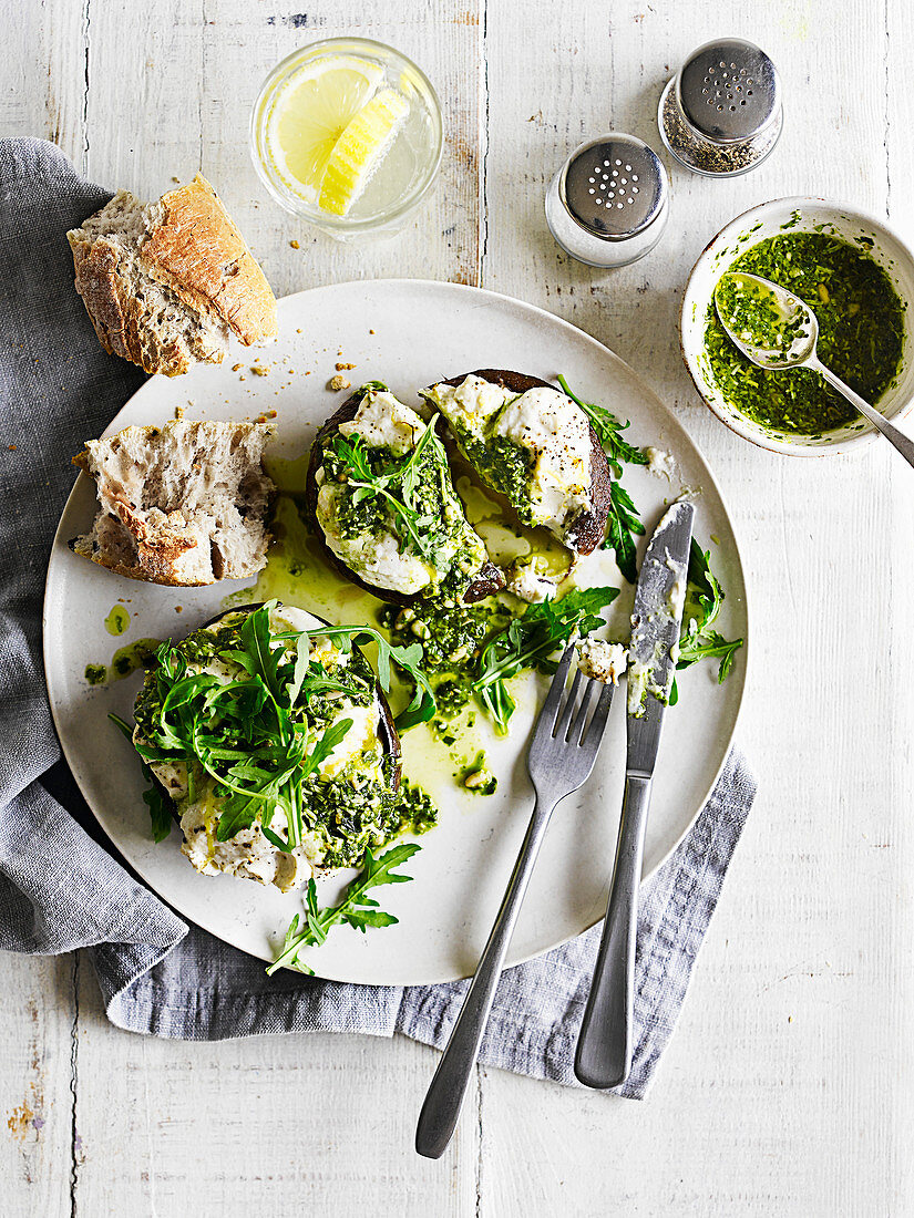 Grilled portobellos with ricotta, pesto and rocket