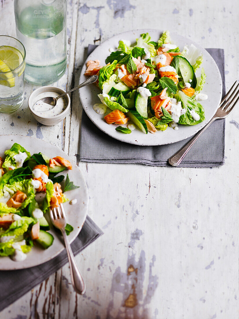 Little Gem and salmon salad with yogurt mustard dressing