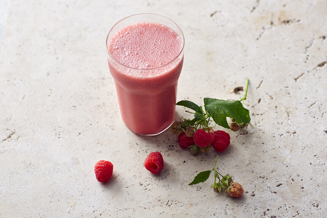 Vegan raspberry protein shake with soy milk