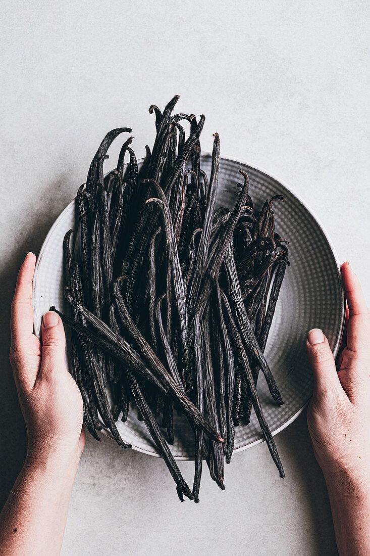 Vanilla beans in bowl with hands