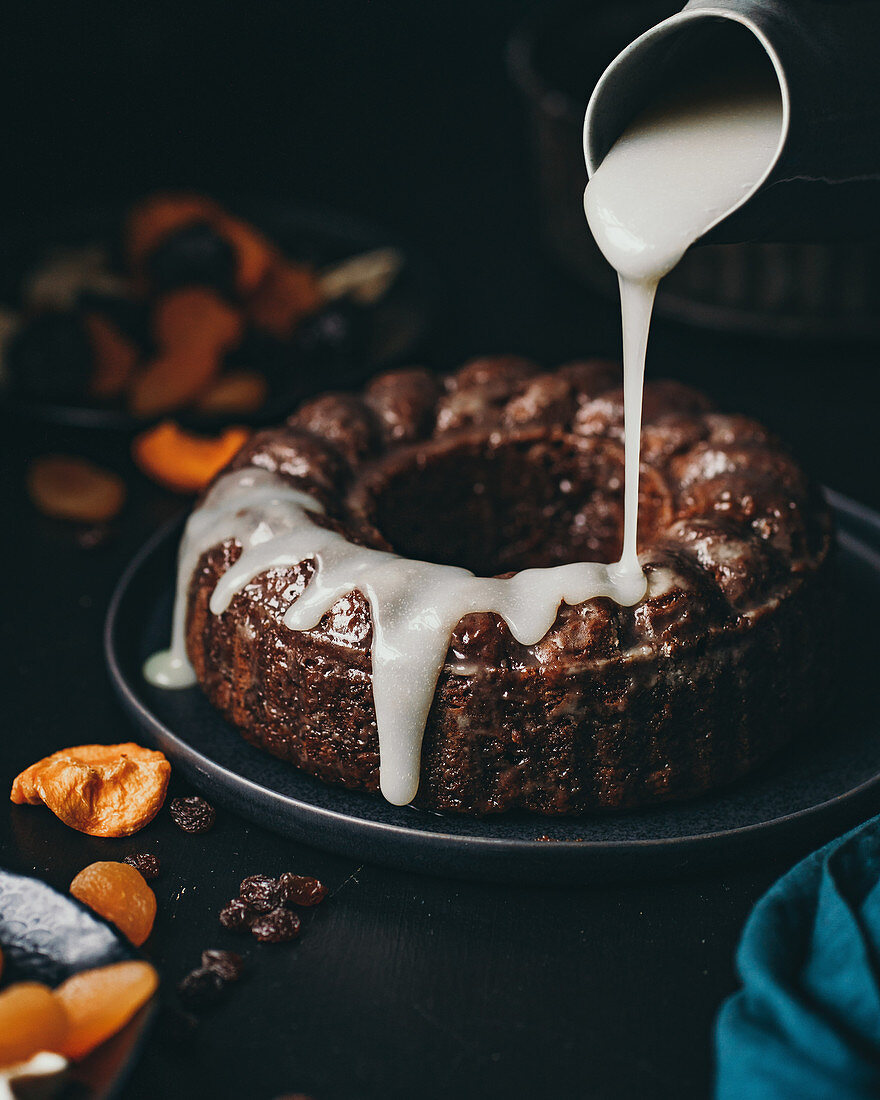 White Chocolate Malva Pudding with dried fruit