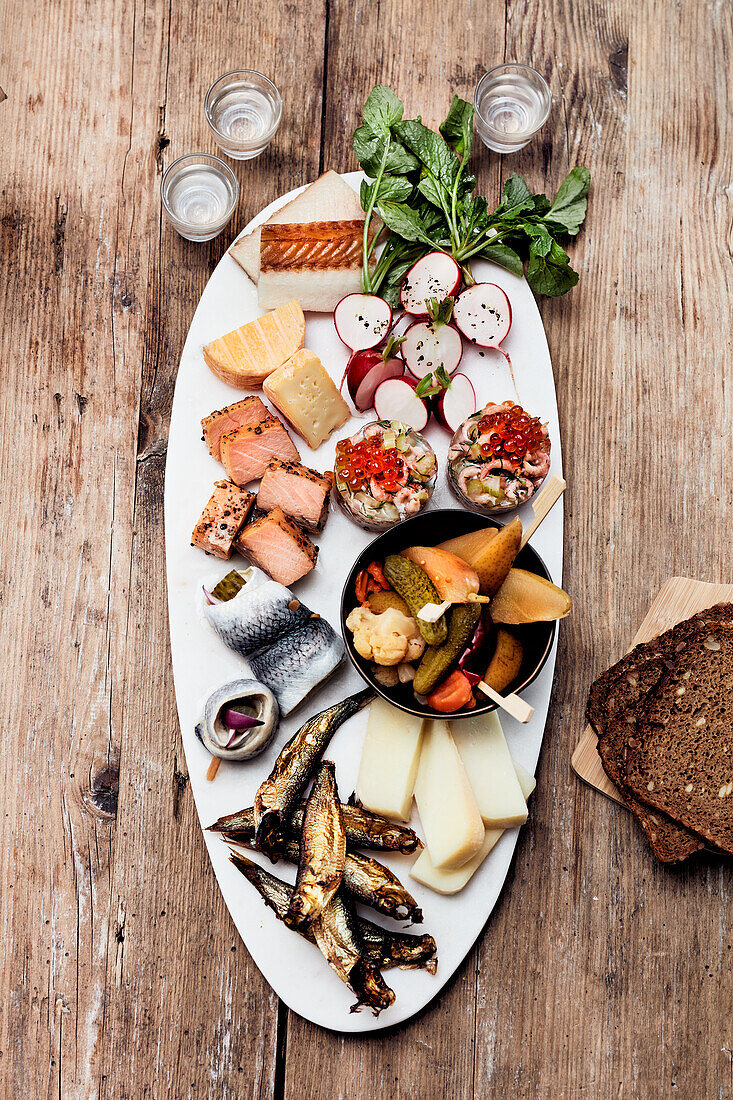 North German snack board with cheese and fish